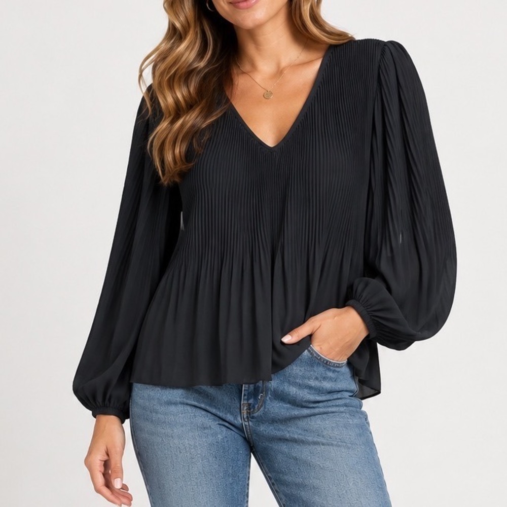 Quince Chiffon Pleated V-Neck Blouse Black Long Sleeve Small